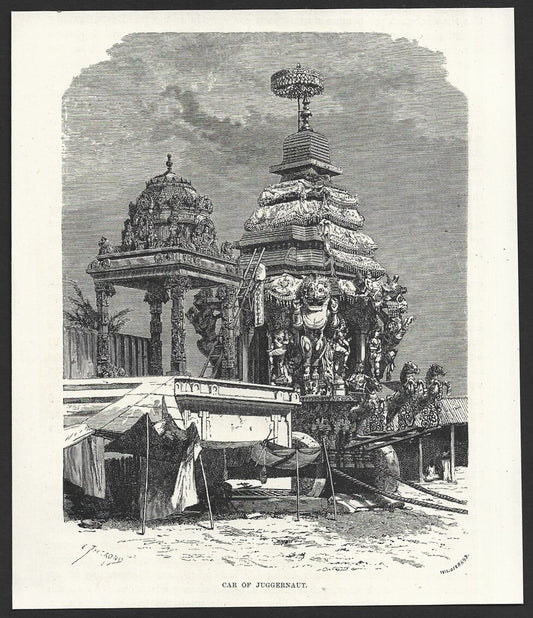 India CAR OF JUGGERNAUT engraved print ex libris Rousslet 1876 7"x6"