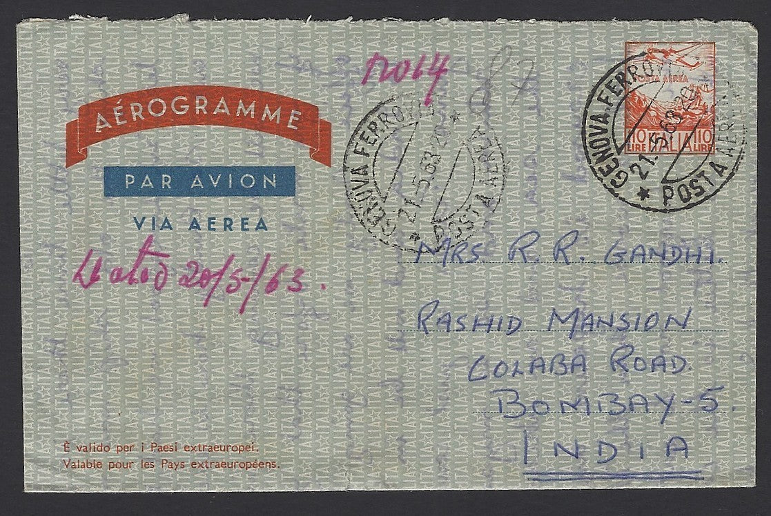 Italy 1953 10 Lire aerogramme to India