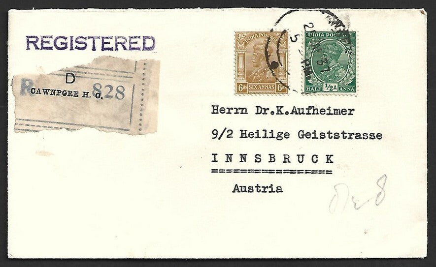 AOP India KGV 1032 6a bistre, etc. on neat registered cover to Austria