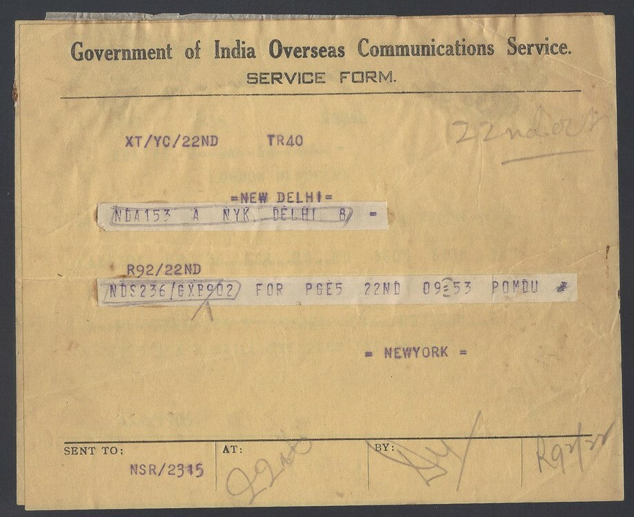 Government of India OVERSEAS COMMUNICATIONS SERVICE telegram form used ex USA