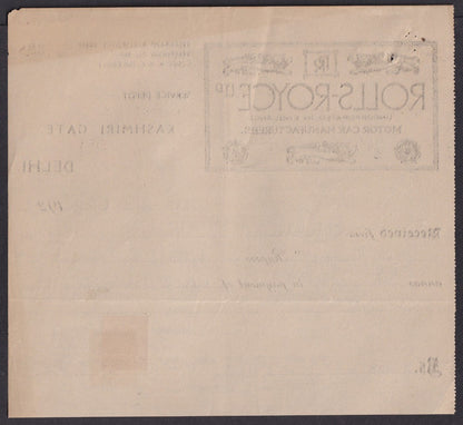 India 1923 ROLLS ROYCE Motor Car, Delhi illustrated receipt