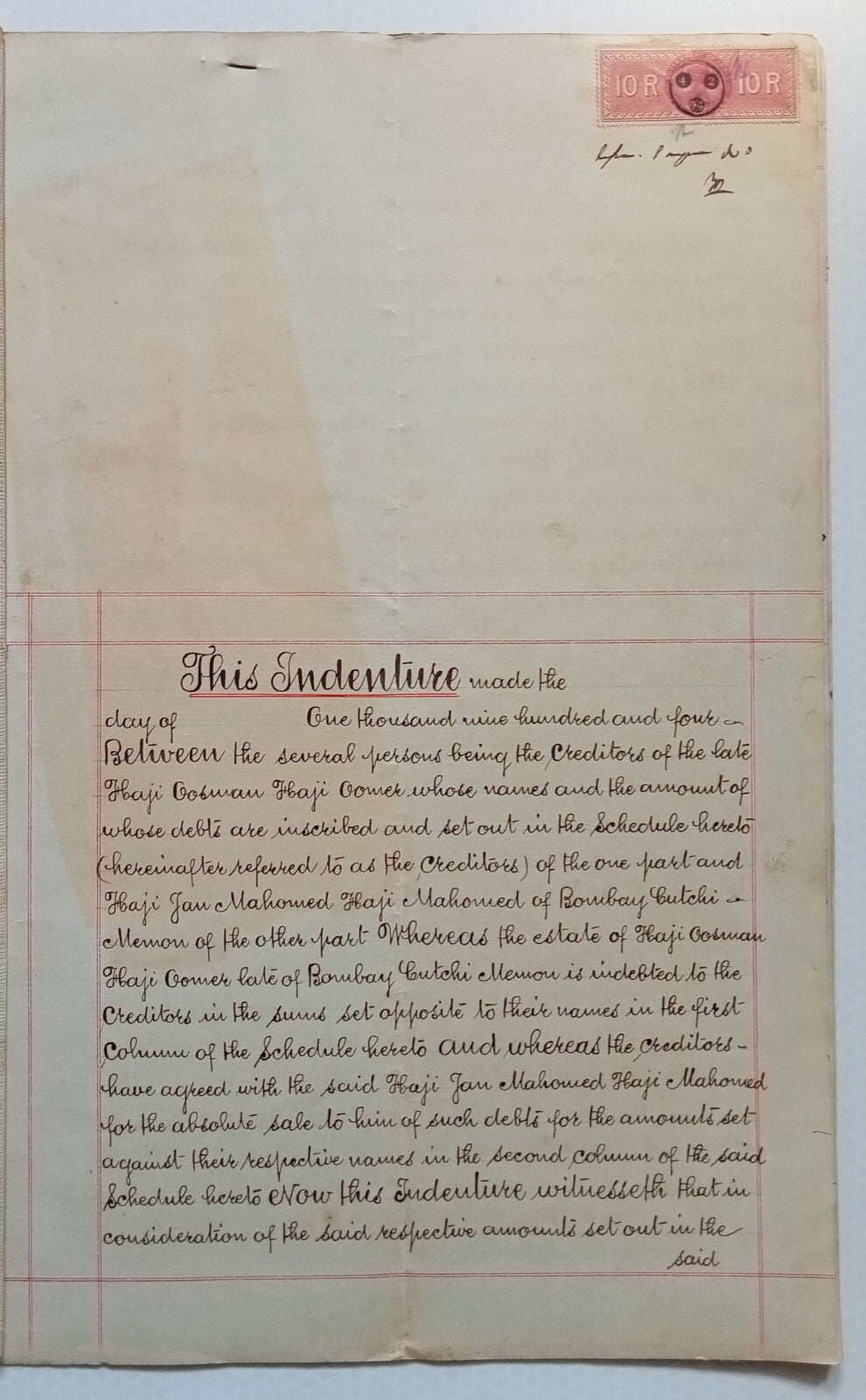 AOP India QV Queen Victoria 1868 Special Adhesive 10R on 1904 indenture 4 pgs