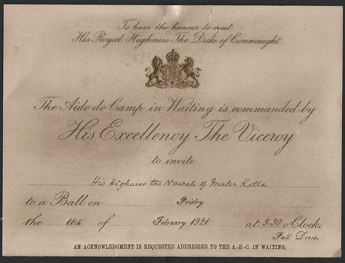 1921 Duke of Connaught INDIA VISIT Ball invitation for Nawab