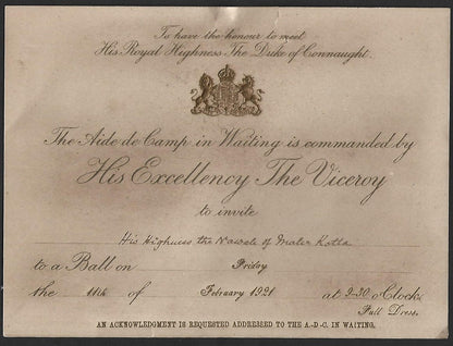 1921 Duke of Connaught INDIA VISIT Ball invitation for Nawab