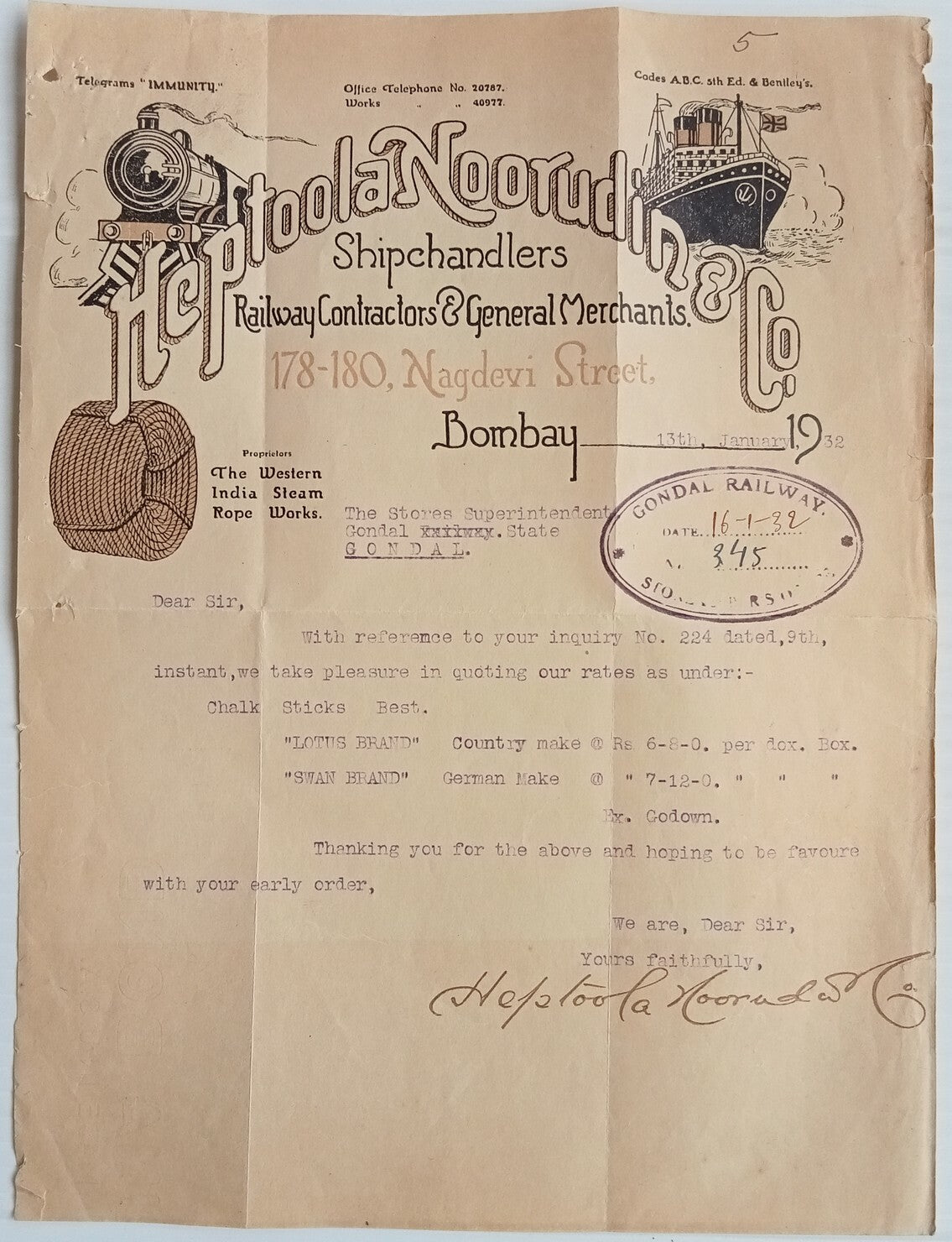 AOP India 1932 illustrated letterhead SHIPCHANDLERS RAILWAY CONTRACTORS Bombay