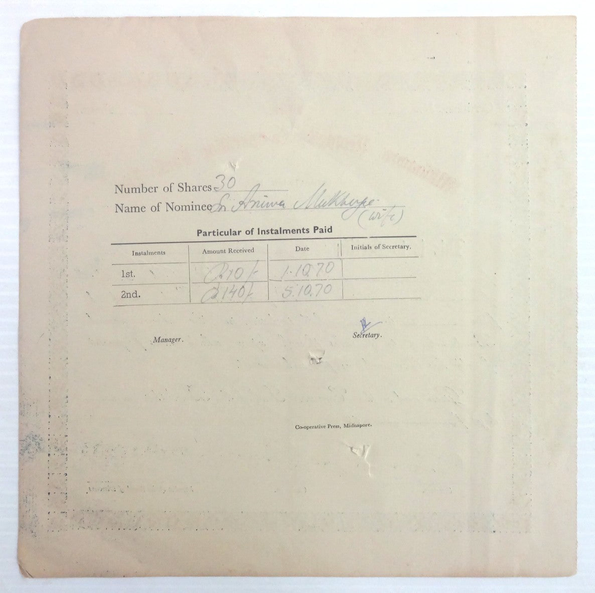 India 1970 Midnapore People’s Co-operative Bank share certificate