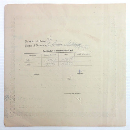 India 1970 Midnapore People’s Co-operative Bank share certificate