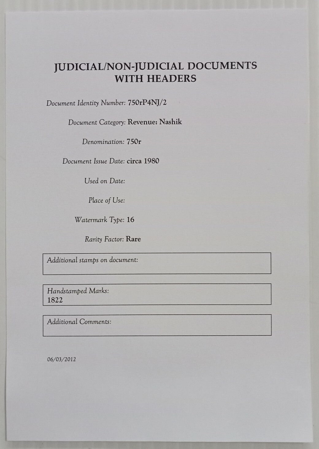 AOP India Capital 750R stamp paper Wmk Type 16 unused