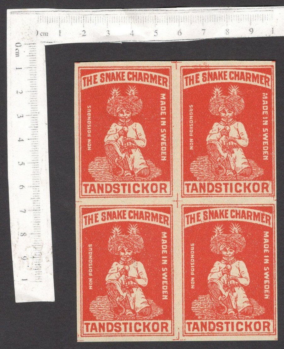 India 1930s-40s matchbox label SNAKE CHARMER uncut block of 4 labels
