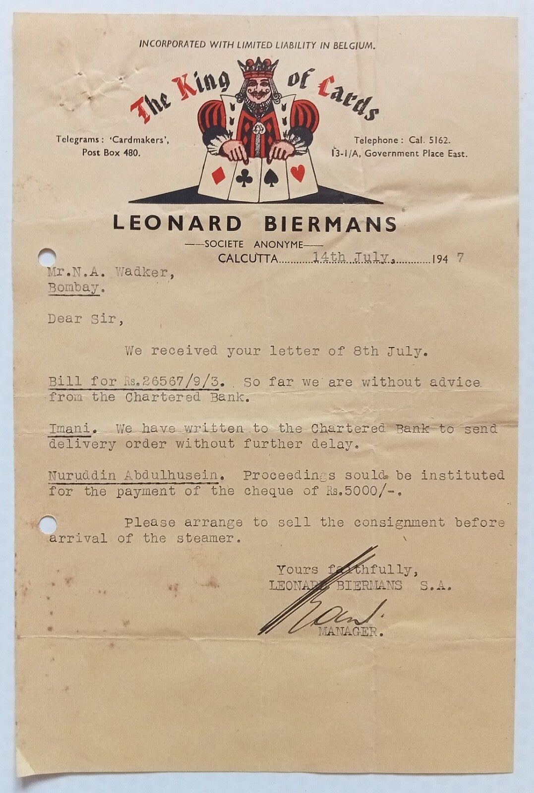 AOP India THE KING OF CARDS 1947 pictorial letterhead