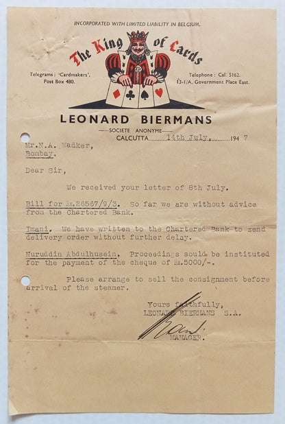 AOP India THE KING OF CARDS 1947 pictorial letterhead
