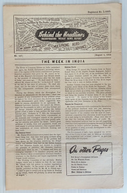India 1944 WW2 Propaganda rag BEHIND THE HEADLINES BRITAN'S PLEDGE TO INDIA 8pgs