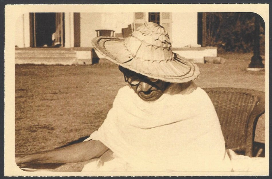 AOP India full back pictorial 50p Gandhi postal card GANDHI in a straw hat