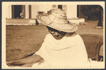 AOP India full back pictorial 50p Gandhi postal card GANDHI in a straw hat