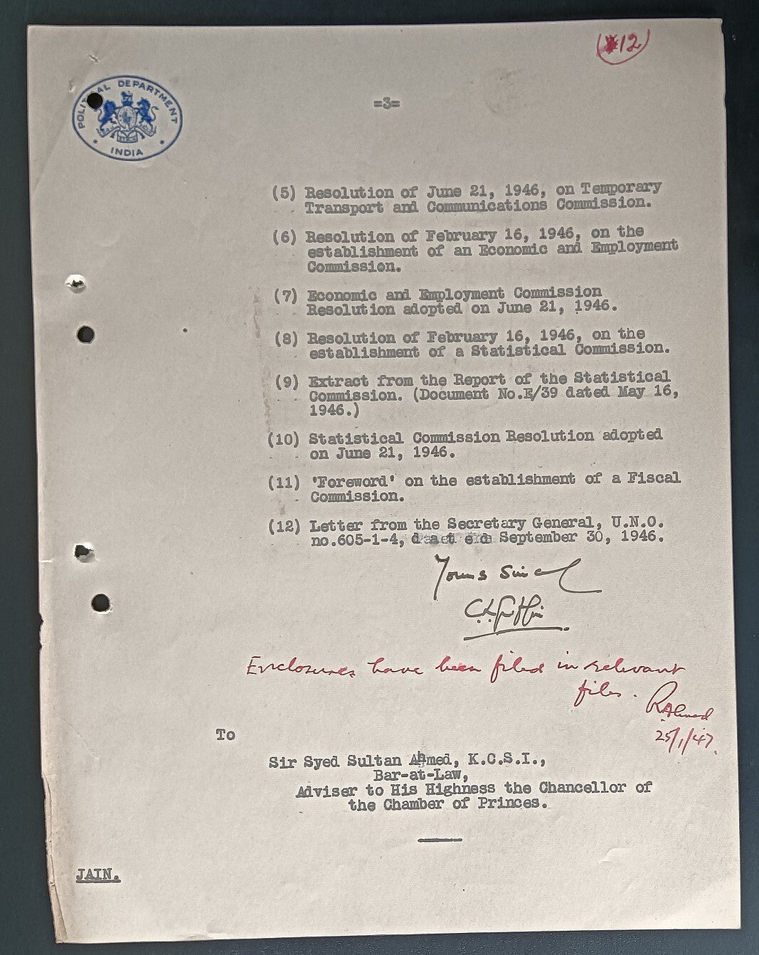 India 1946 off crested letters - Representation of India at the United Nations