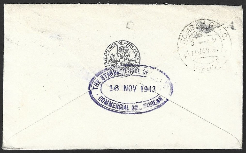 South Africa WW2 World War 2 1943 censored cover to Bombay, India