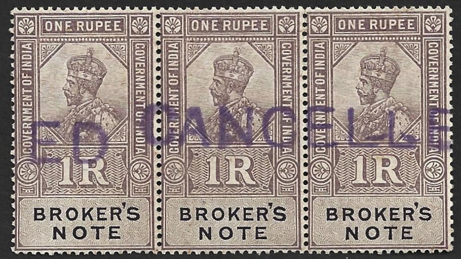 (AOP) India KGV BROKER'S NOTE 1R strip of 3 ovpt CANCELLED MNH