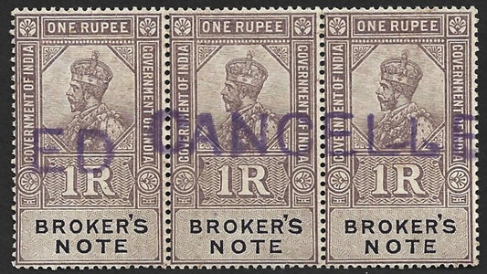 (AOP) India KGV BROKER'S NOTE 1R strip of 3 ovpt CANCELLED MNH