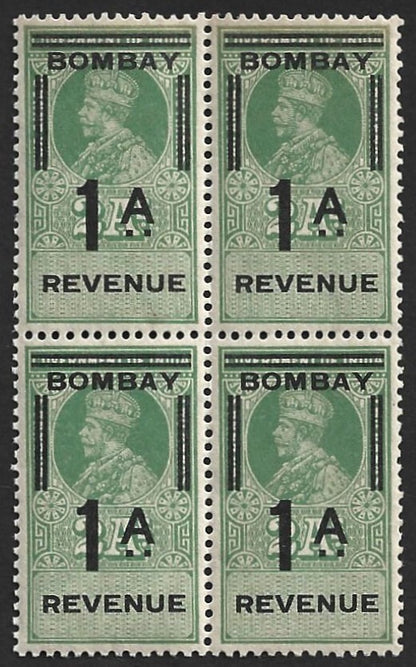 (AOP) India KGV c.1925 BOMBAY REVENUE 1a on Entertainment Tax 2a MNH block of 4