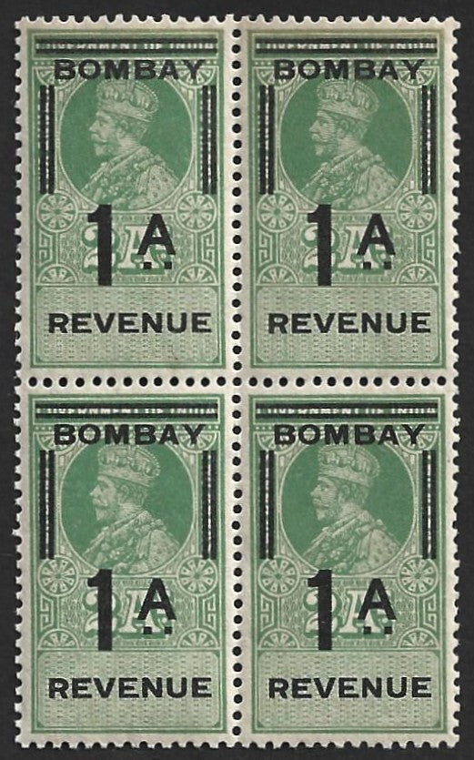 (AOP) India KGV c.1925 BOMBAY REVENUE 1a on Entertainment Tax 2a MNH block of 4