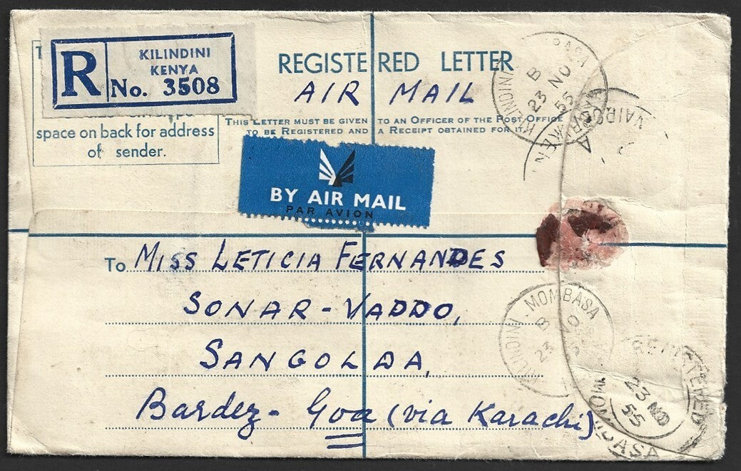 Kenya Uganda Tanganyika QEII formular regd cover KILINDINI to Portuguese India