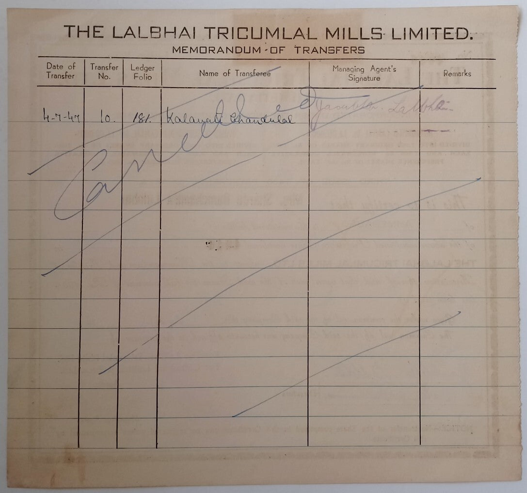 (AOP) India share certificate THE LALBHAI TRICUMAL MILLS LTD. 1947