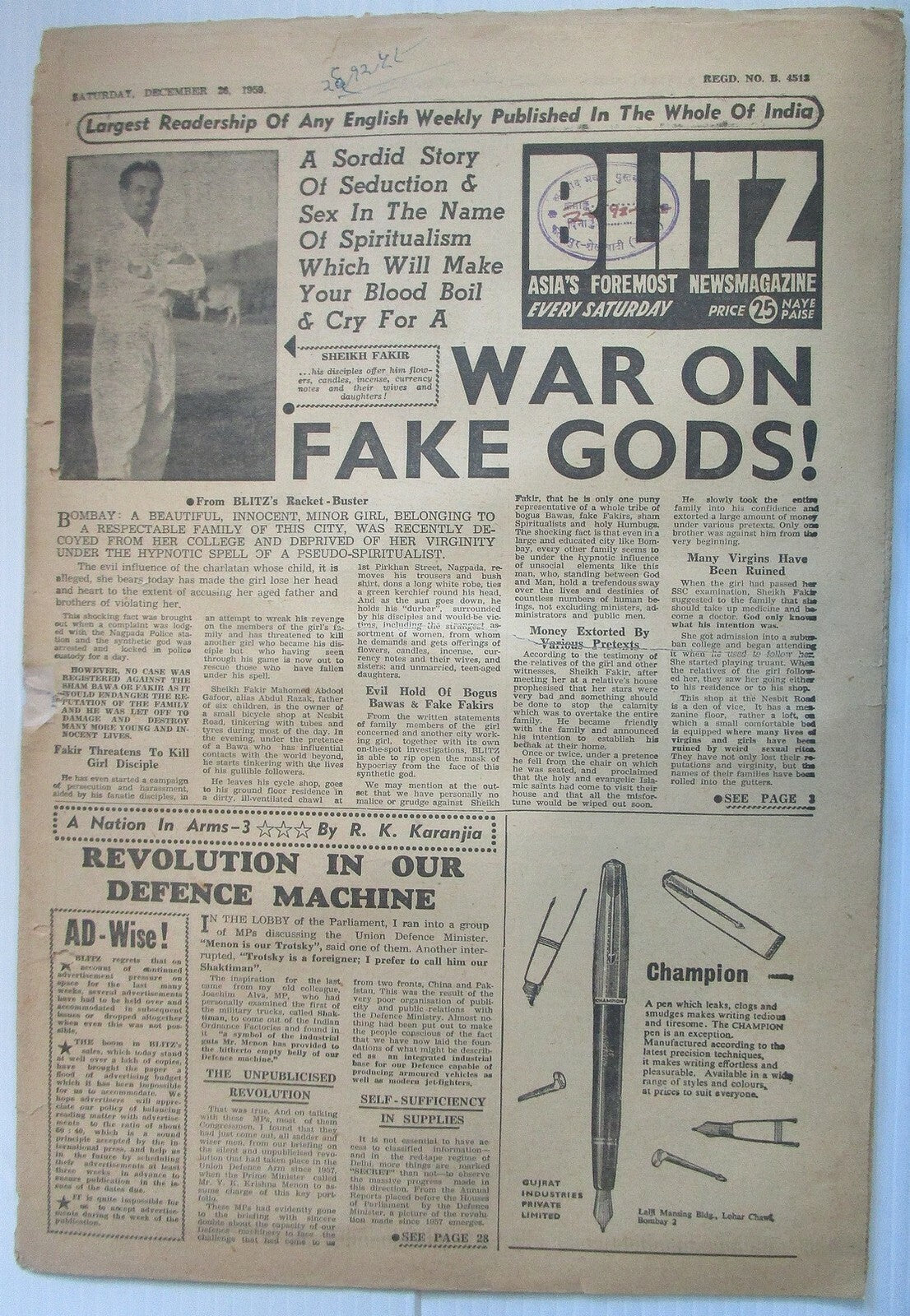 India Blitz 26 Dec 195 issue WAR ON FAKE GODS! see condition