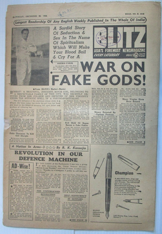 India Blitz 26 Dec 195 issue WAR ON FAKE GODS! see condition