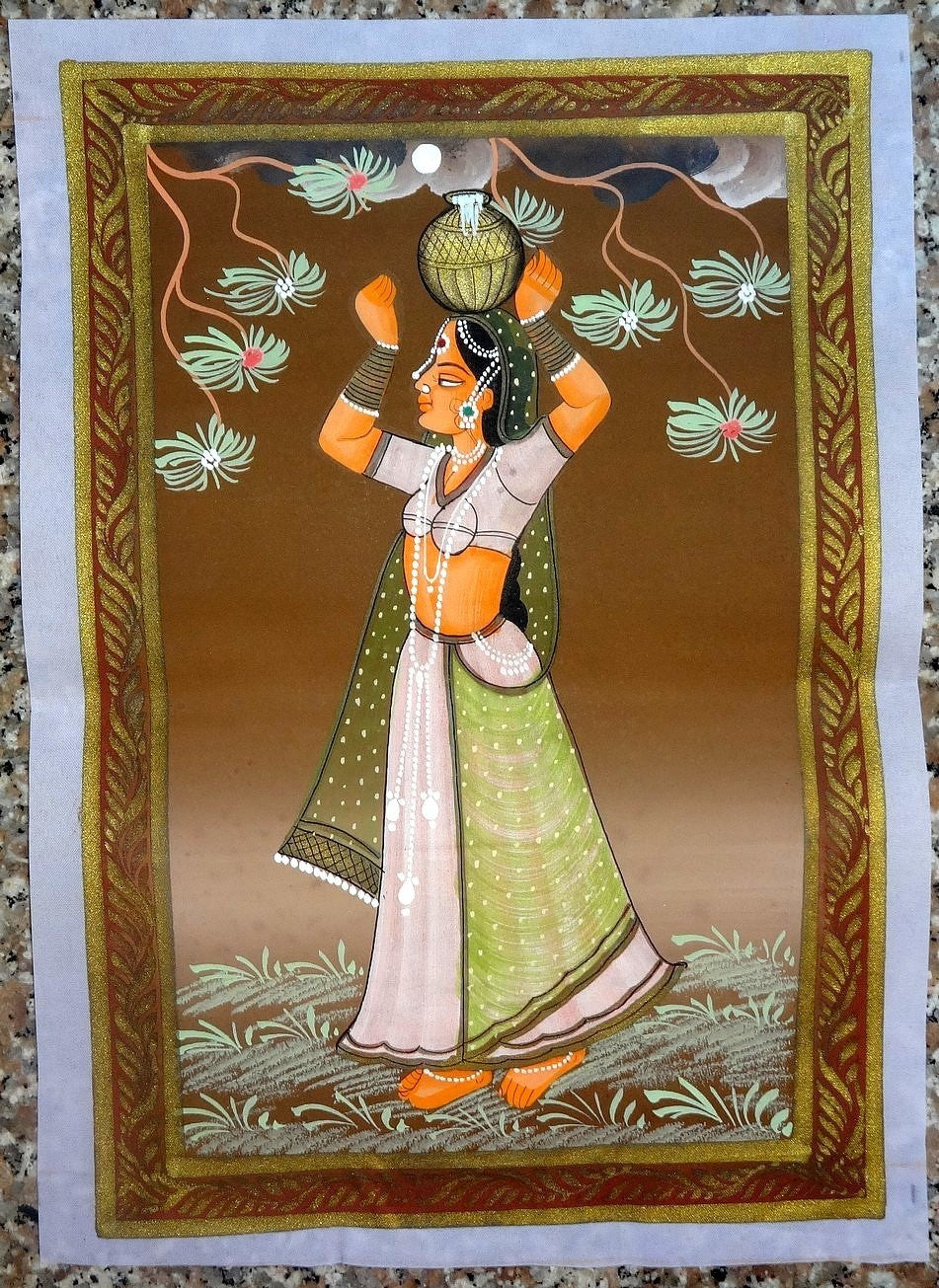 Watercolor on fabric WOMEN OF INDIA x 3 paintings 10” x 13”