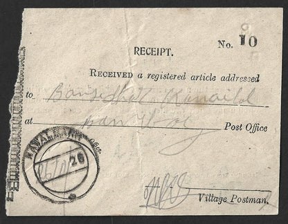India 1928 Regd Letter receipt signed Village Postaman canc Nawalgarh ms date