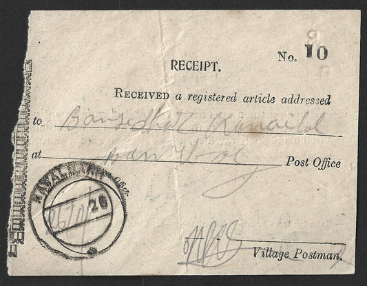 India 1928 Regd Letter receipt signed Village Postaman canc Nawalgarh ms date