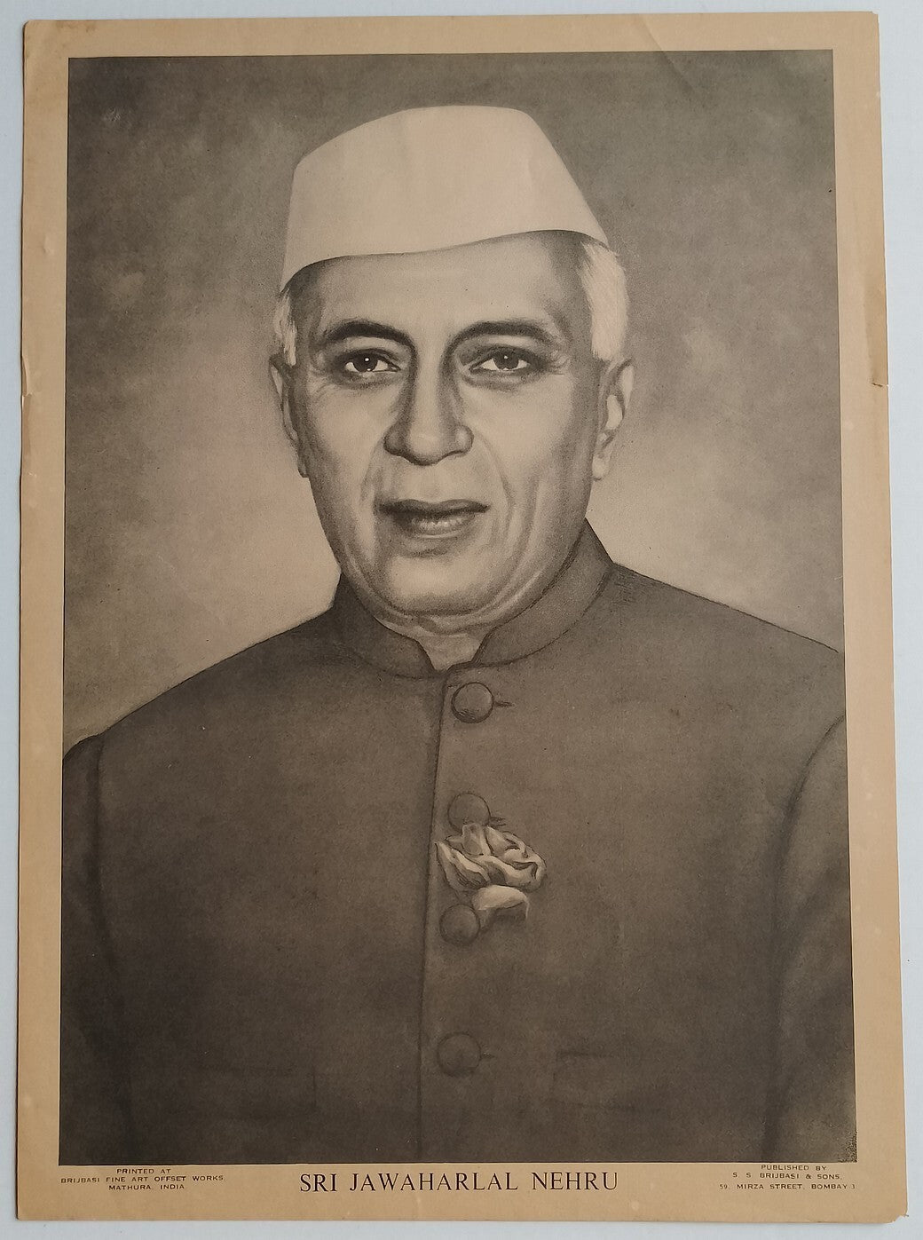 India vintage poster SRI JAWAHARLAL NEHRU 10''x14'' S.S.BRIJBASI & SONS,BOMBAY
