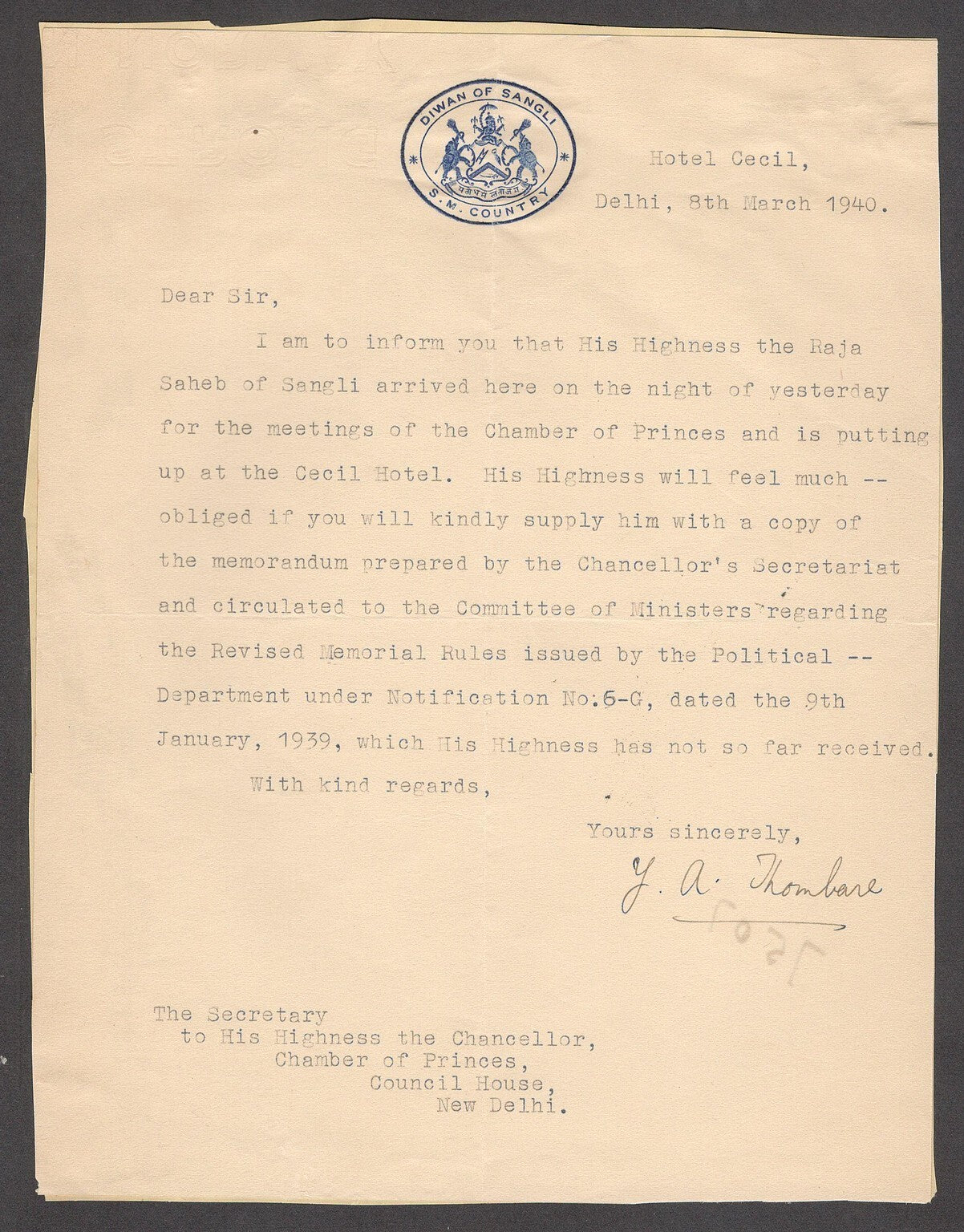India 1940 crested letter DIWAN OF SANGLI S.M. COUNTRY signed