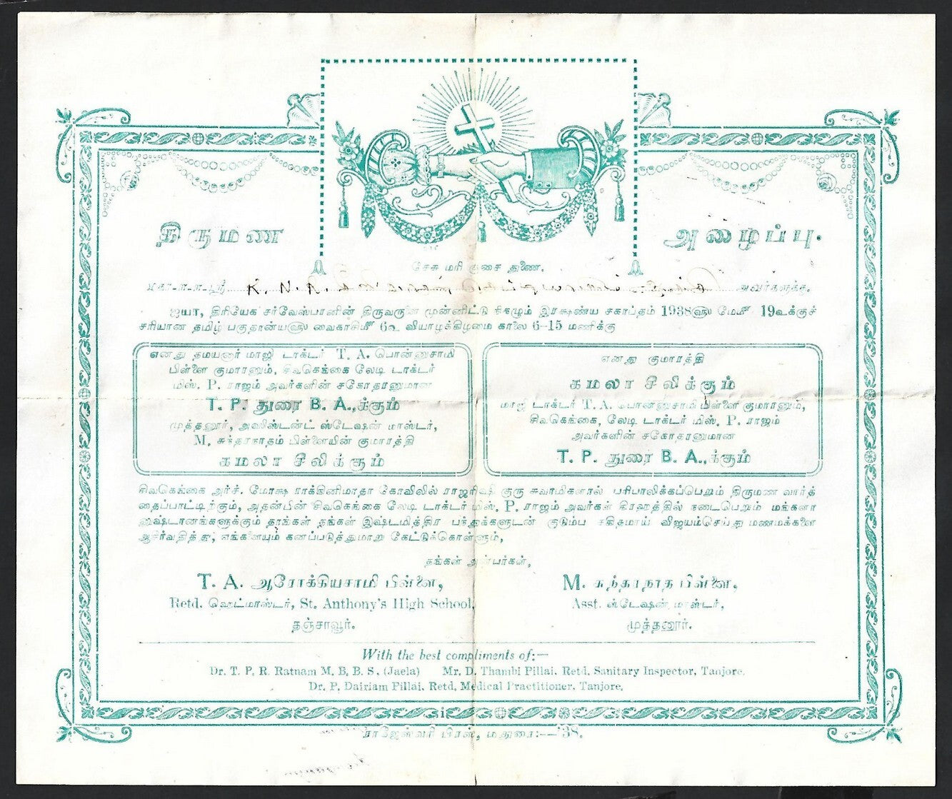 India 1938 Christian Marriage invitation