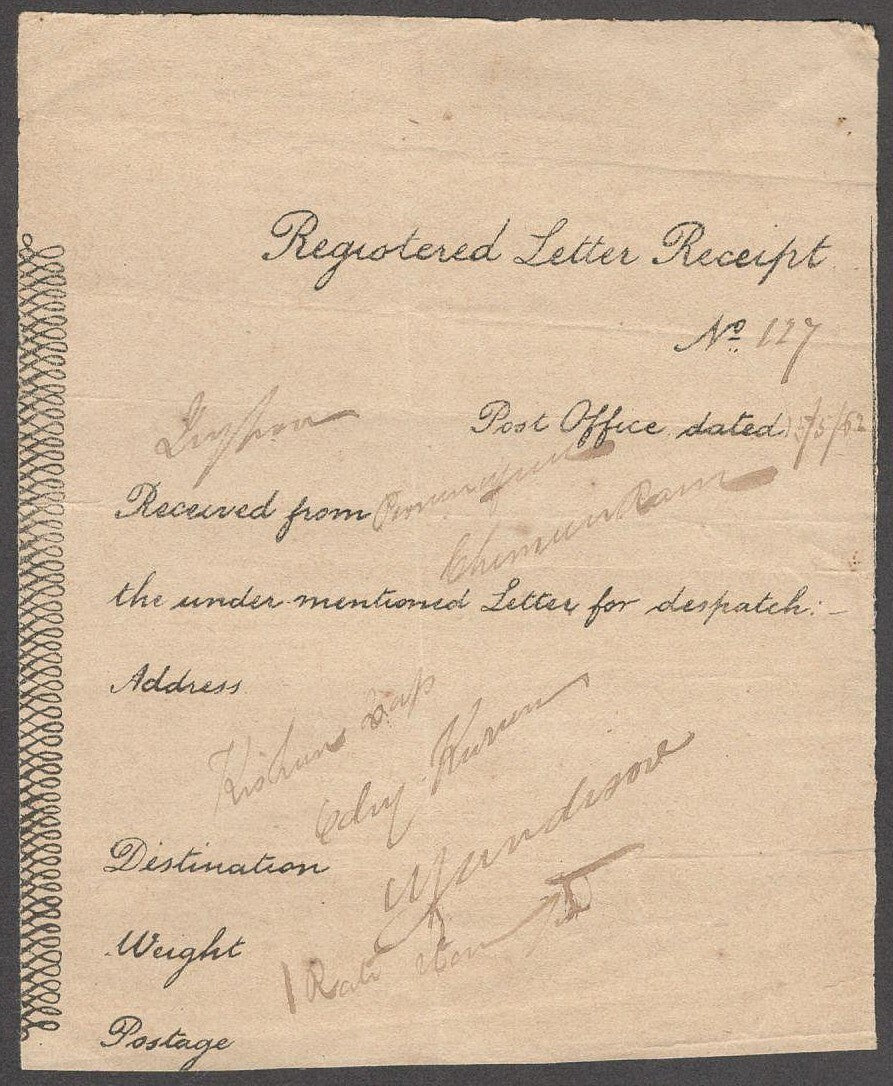 India 1862 registered letter receipt