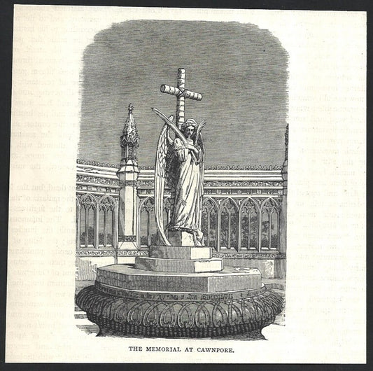 India THE MEMORIAL AT CAWNPORE engraved print ex libris Rousslet 1876 5"x5"
