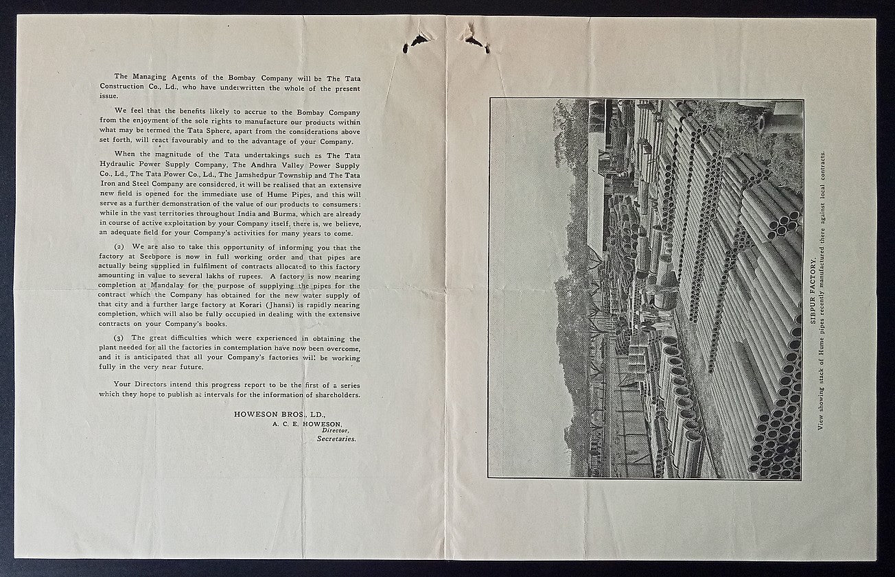 India 1921 Hume Pipe Co. illustrated Progress Report re: negotiations with TATA