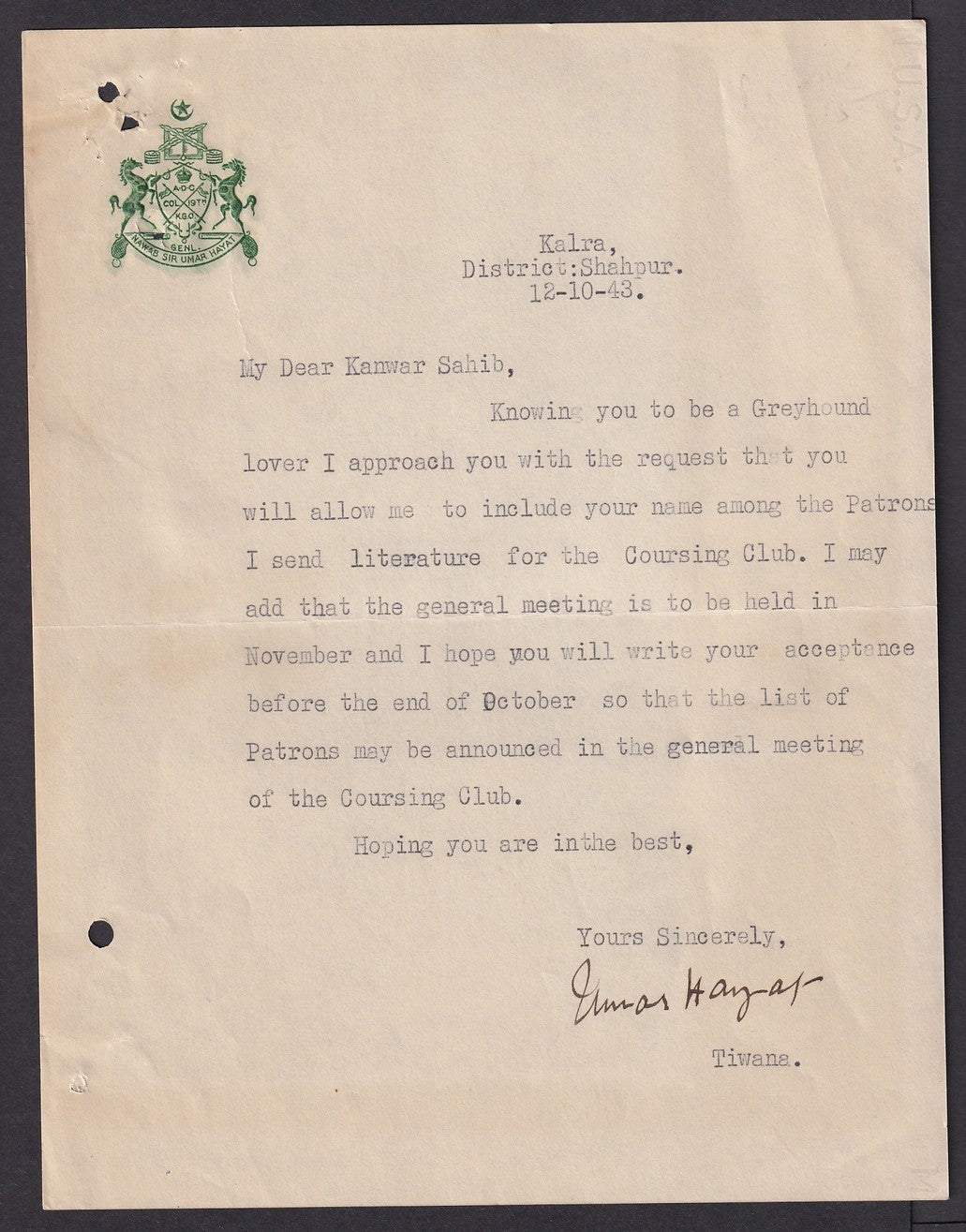 India crested Coat of Arms letter signed Nawab Sir Umar Hayat Khan Tiwana of Kal