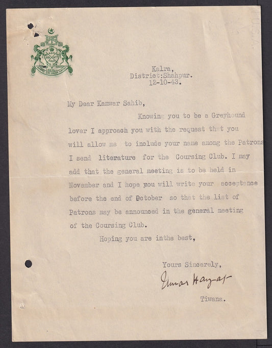 India crested Coat of Arms letter signed Nawab Sir Umar Hayat Khan Tiwana of Kal