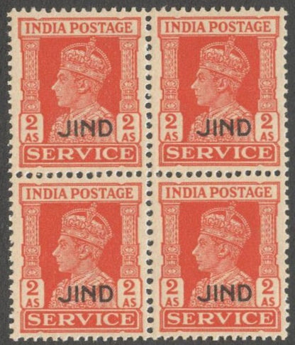 AOP India Jind State KGVI Official 1939-43 2a MNH block of 4. SG O79 £34
