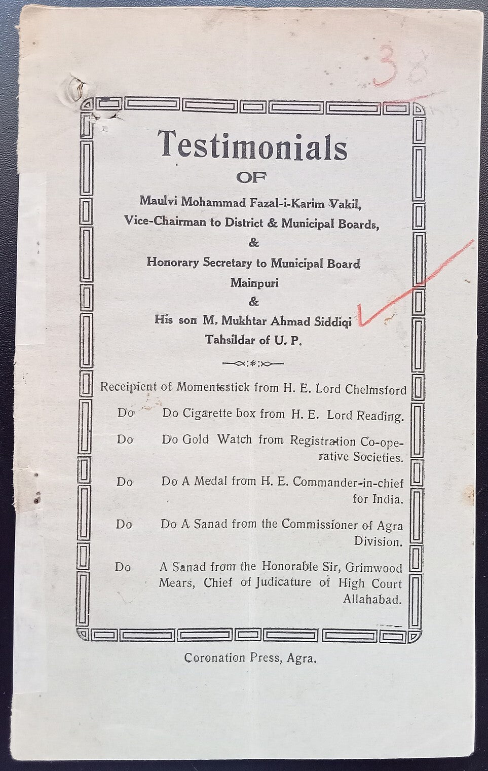 India 1911 Testimonials (resume) booklet