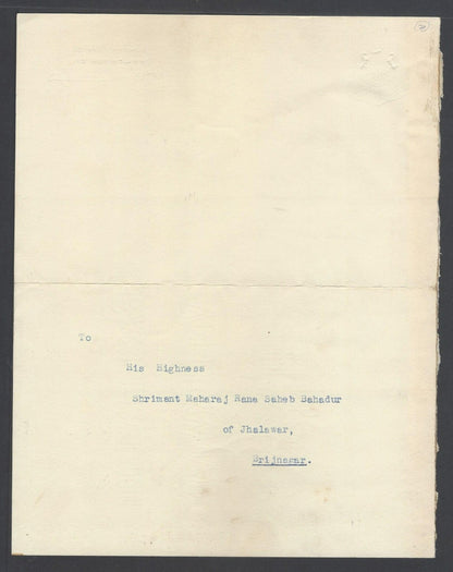 AOP India Khilchipur State crested letter signed Maharaja Yashodar Singh 1943