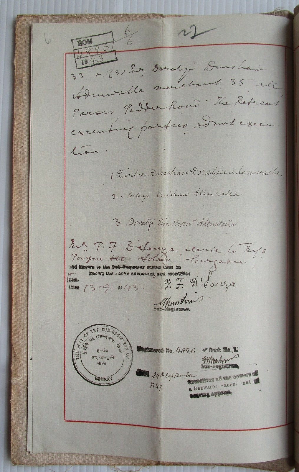 India 1943 Deed of Appointment document with Special Adhesive KGV 20R
