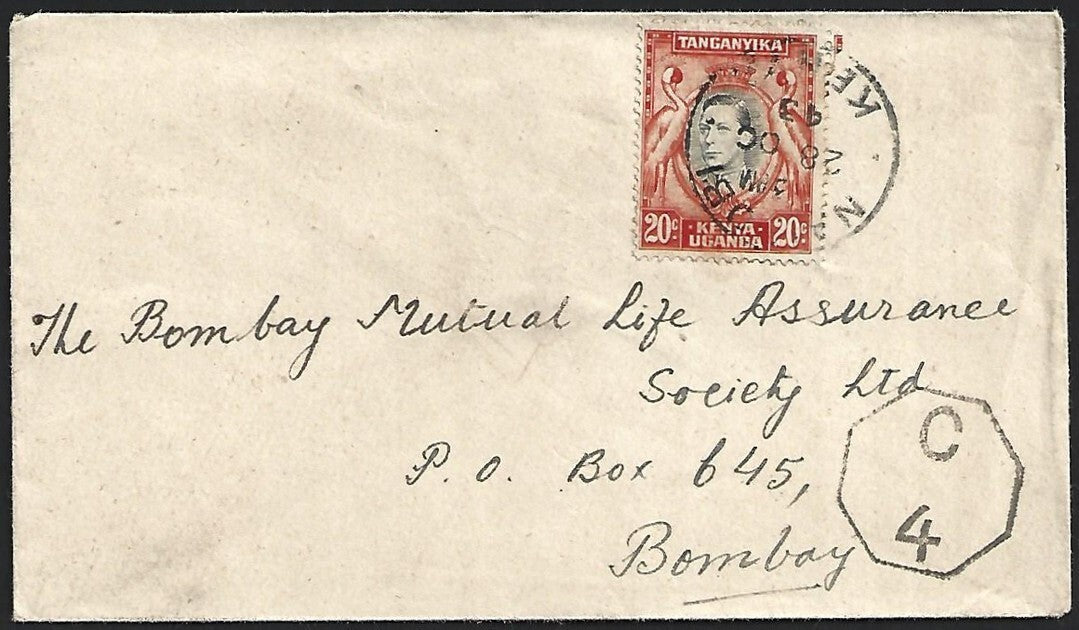 Kenya Uganda Tanganyika WW2 KGVI 1943 censored cover NAIROBI to India