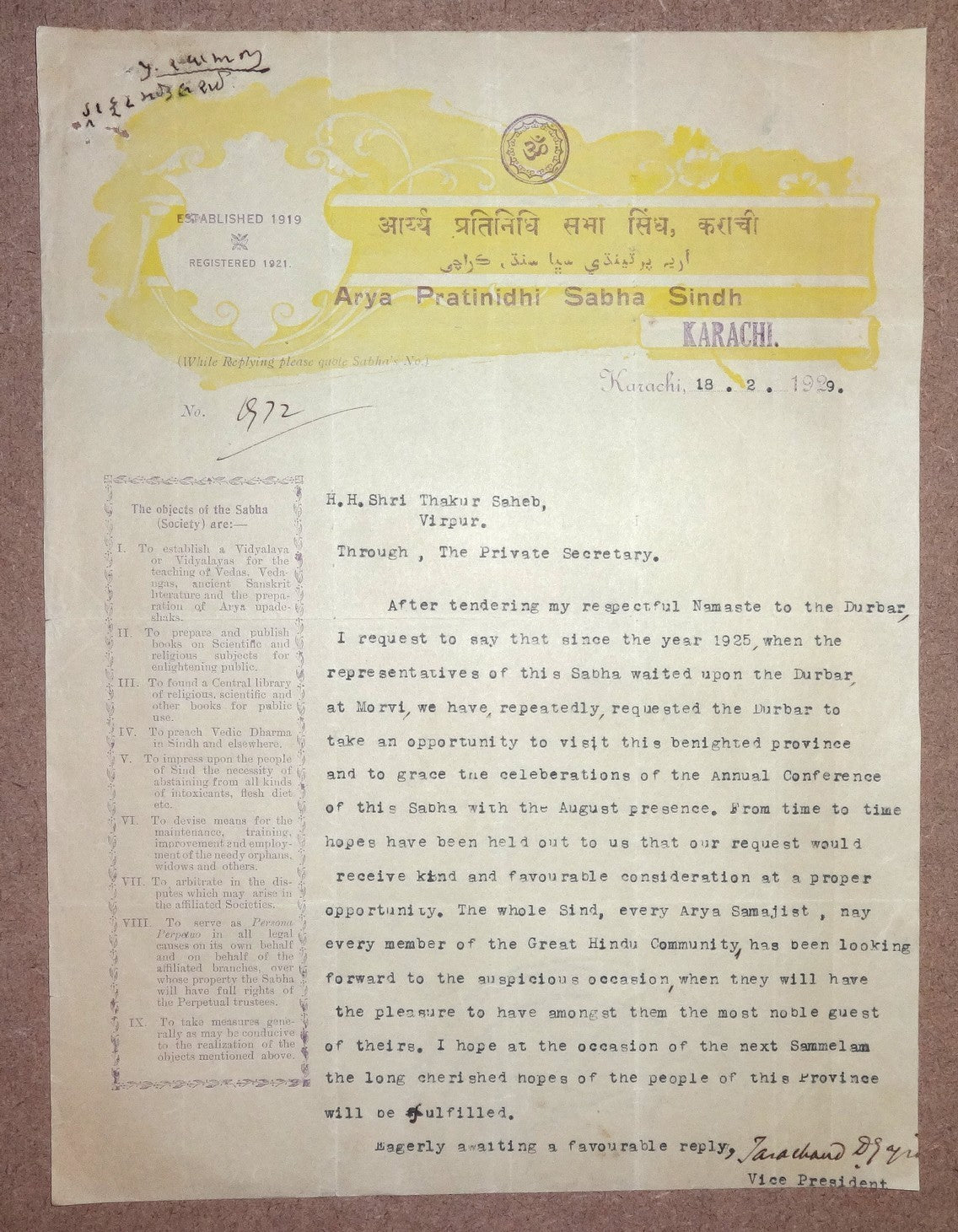 India 1929 Arya Pratinidhi Sabha Sindh Letterhead to Raja of Virpur