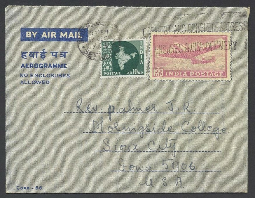 India 55np air letter uprated 10np Map used 1964 to USA HG #FG34