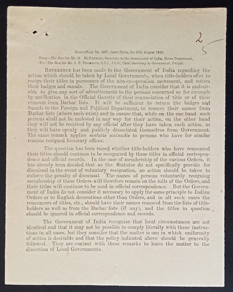 India 1922 Official correspodence about the Non Cooperation Movement