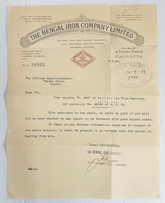 AOP Bengal Iron Co.Calcutta 1934 illustrated letterhead India
