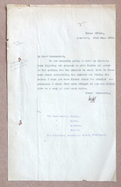 India 1930 Rajkot designs & letters re: introduction of Electric Street Lighting