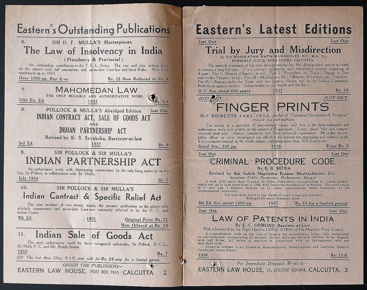 AOP India Eastern Law House, Calcutta Feb 1937 Book List